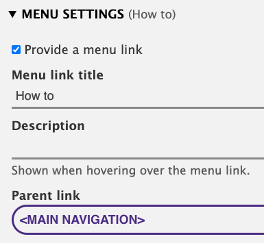 A screenshot showing editing options for the menu including adding a alternate title, description, and where to place it