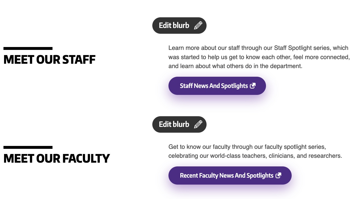 Blurbs shown on a website homepage